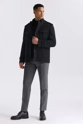 Black-1 Slim Fit Judge Collar Epaulette Patterned Sport Trench Coat - JAKAMEN (1)