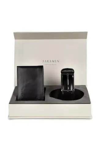 Black 100% Leather 2-Piece Belt Wallet Gift Box Set - 1