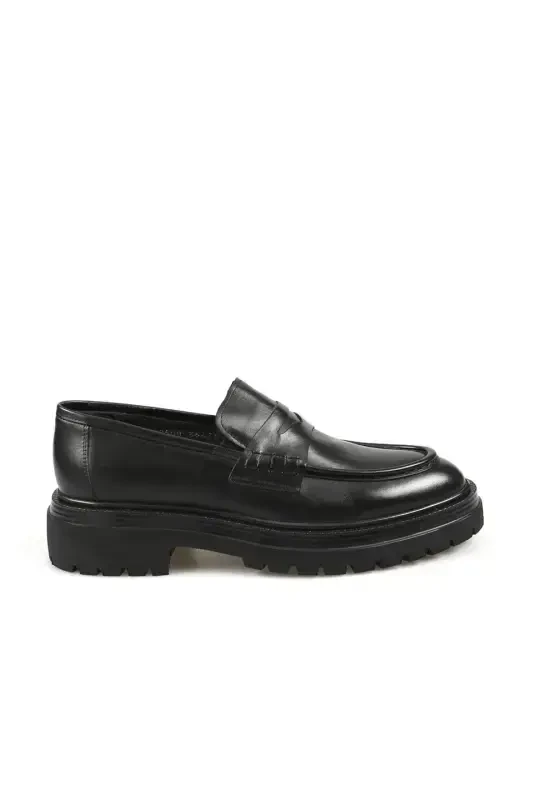 Black 100% Leather High Platform Loafer Shoes - JAKAMEN