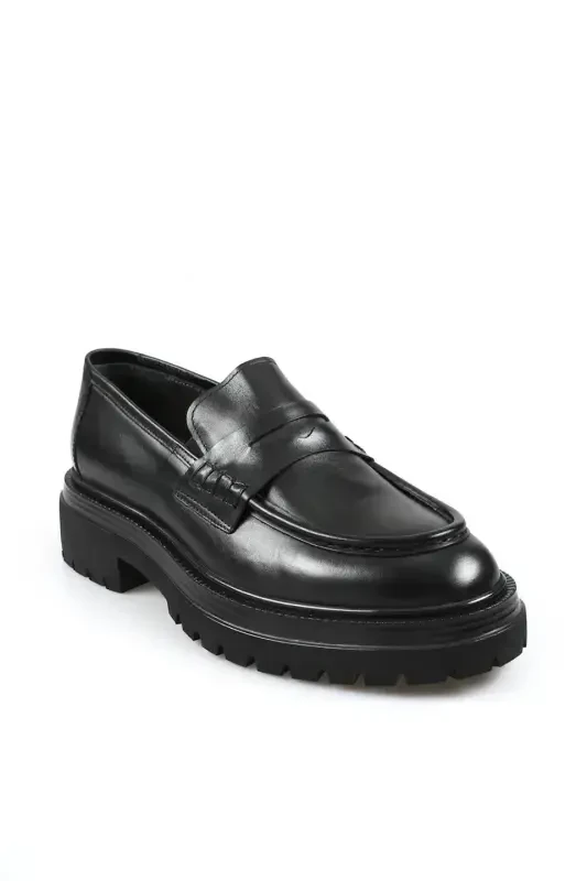 Black 100% Leather High Platform Loafer Shoes - 2