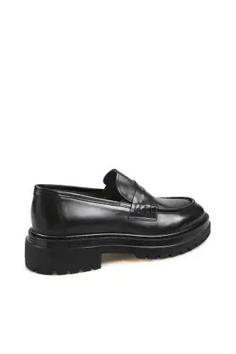 Black 100% Leather High Platform Loafer Shoes - 3