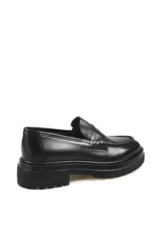 Black 100% Leather High Platform Loafer Shoes - 3