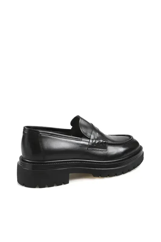 Black 100% Leather High Sole Loafer Shoes - 4