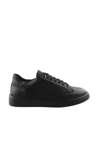 Black 100% Leather Lace-up Casual Sneaker Shoes - 1