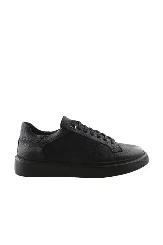 Black 100% Leather Lace-up Casual Sneaker Shoes - 1