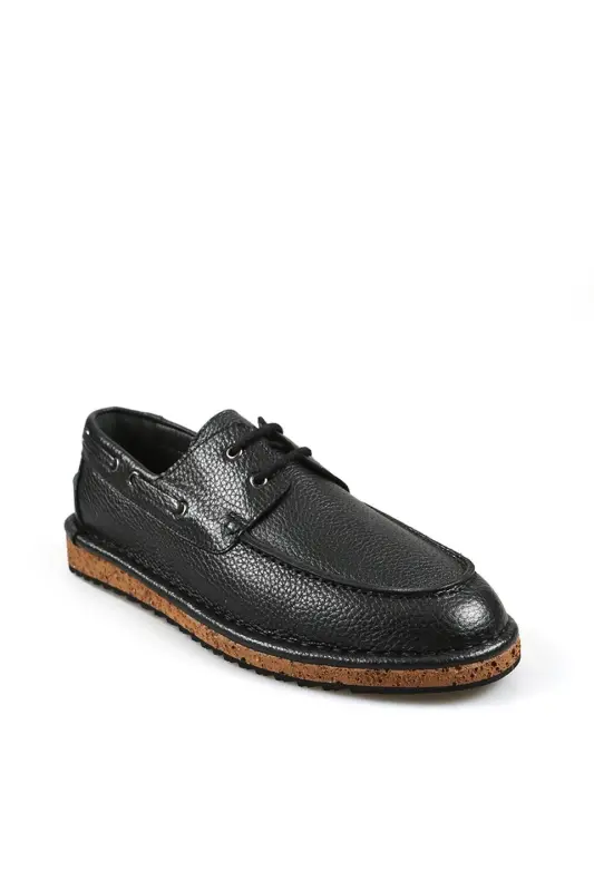 Black %100 Leather Lace-up Eva Sole Casual Shoe - 2