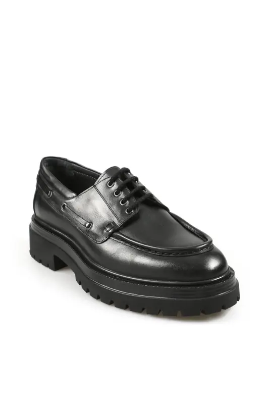 Black 100% Leather Lace-up Oxford Casual Shoes - 2