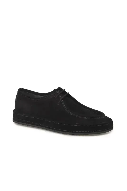 Black %100 Leather Laced Casual Suede Shoes - 2