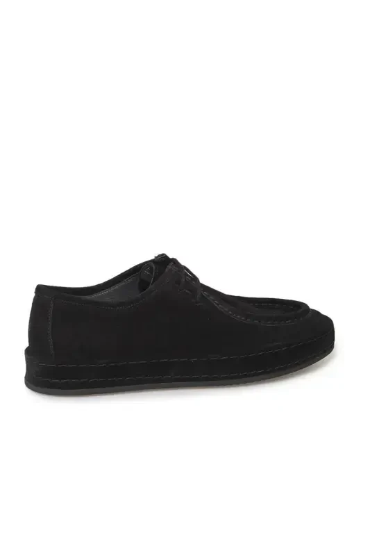 Black %100 Leather Laced Casual Suede Shoes - 3