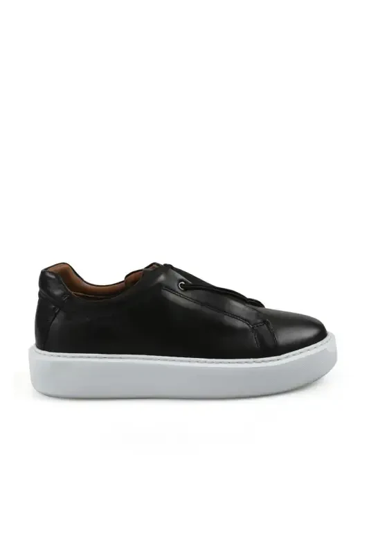 Black 100% Leather Stitched Sole Elasticated Sneaker Shoe - 1