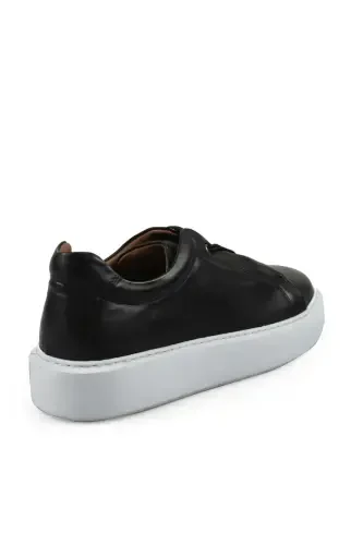 Black 100% Leather Stitched Sole Elasticated Sneaker Shoe - 3