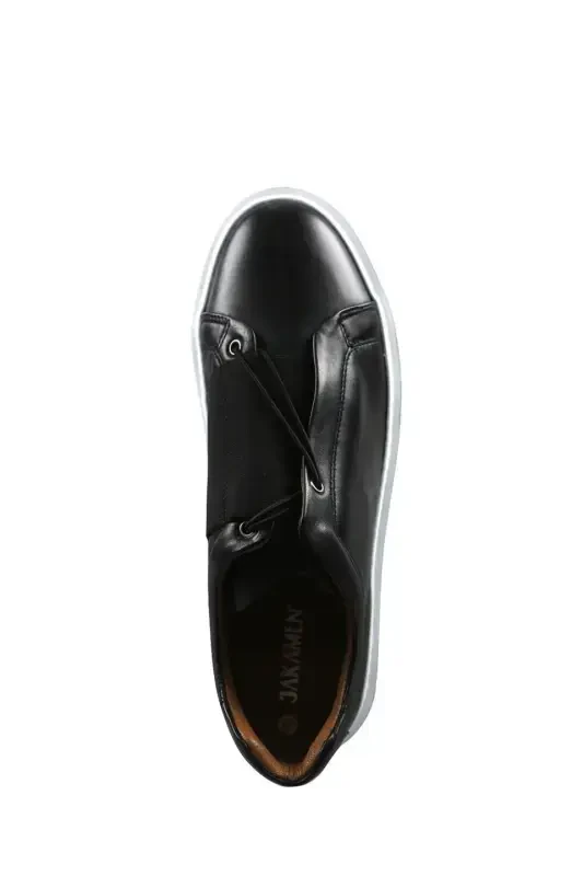 Black 100% Leather Stitched Sole Elasticated Sneaker Shoe - 5