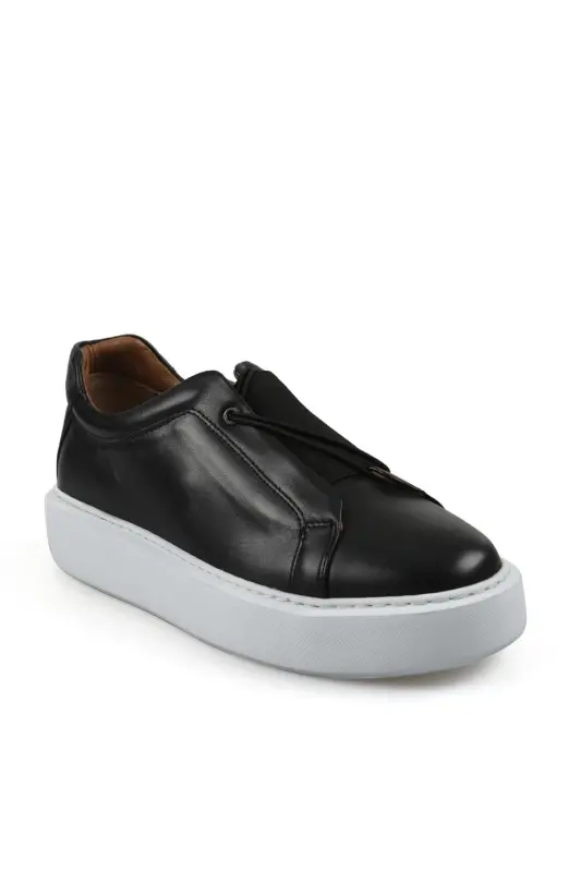 Black 100% Leather Stitched Sole Sneaker - 2