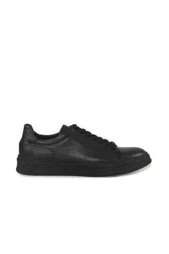 Black 100% Leather Stitched Sole Sneaker Shoes - 1