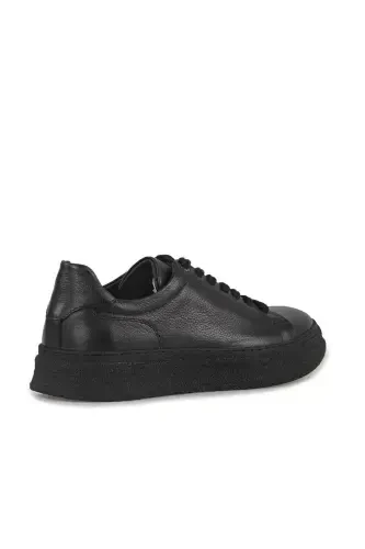 Black 100% Leather Stitched Sole Sneaker Shoes - 2