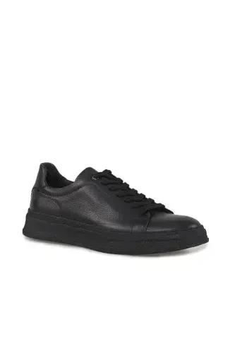 Black 100% Leather Stitched Sole Sneaker Shoes - 3