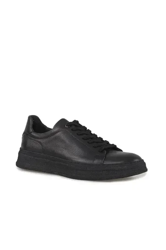 Black 100% Leather Stitched Sole Sneaker Shoes - 3