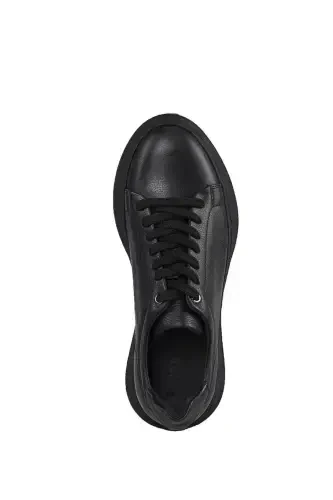 Black 100% Leather Stitched Sole Sneaker Shoes - 5