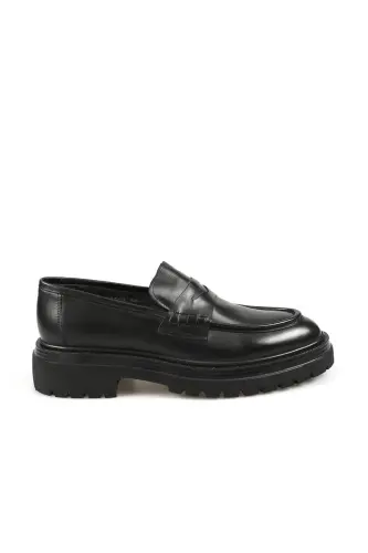 Black 100% Leather Thick Sole Loafer Shoes - 1