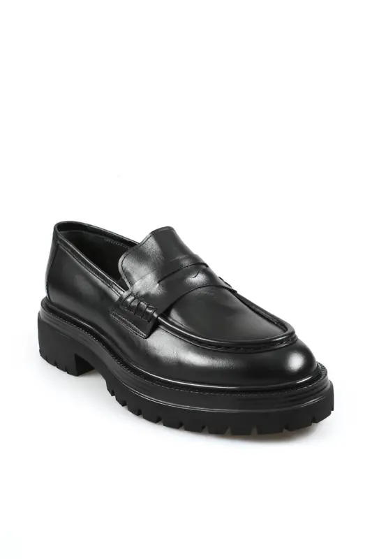 Black 100% Leather Thick Sole Loafer Shoes - 2