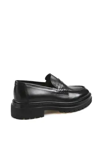 Black 100% Leather Thick Sole Loafer Shoes - 3