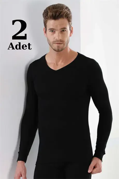 Black 2 Pack Men's Badi Long Sleeve T-Shirt V-Neck Basic 100% Cotton Ribana - BÜYÜKBEDENIZ