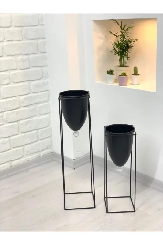 Black 2-Piece Metal Stand Flower Pot - 4