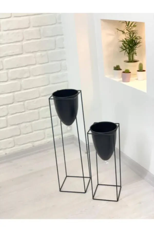 Black 2-Piece Metal Stand Flower Pot - 2