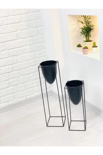Black 2-Piece Metal Stand Flower Pot - 3