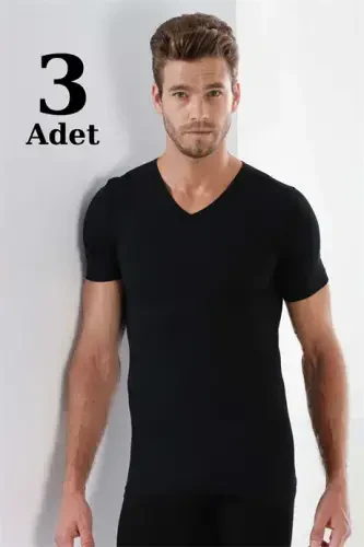 Black 3-Pack Men's V Neck T-Shirt Short Sleeve 100% Cotton - 1