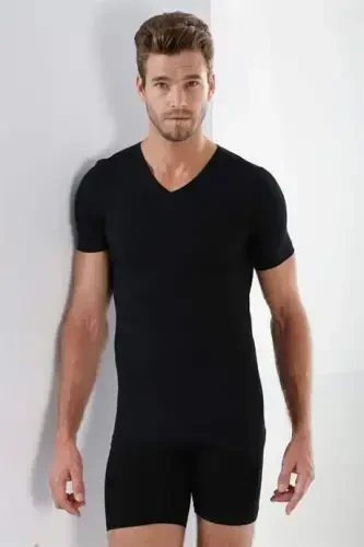 Black 3-Pack Men's V Neck T-Shirt Short Sleeve 100% Cotton - 3