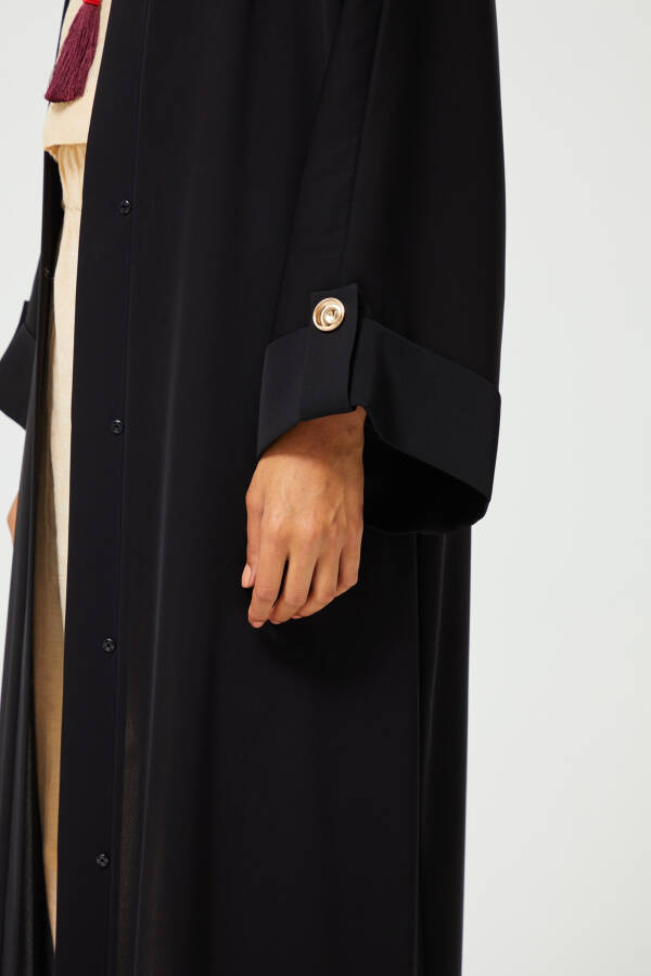 Black Abaya with Epaulet Button Detail - 4