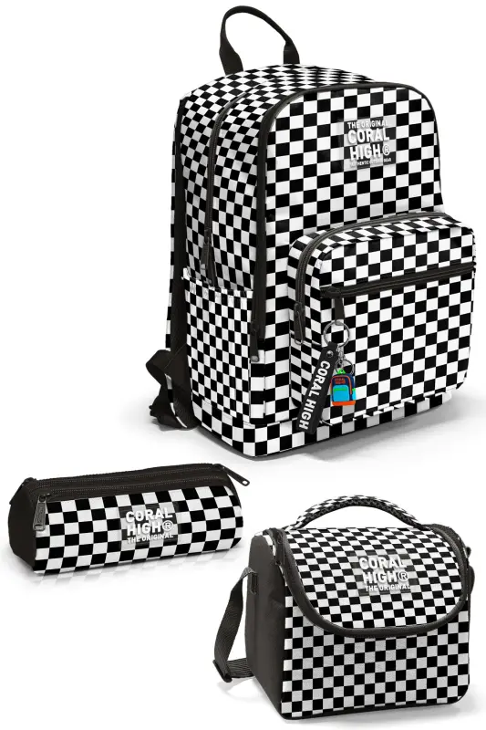 Black and White Checkered 3-Piece School Backpack Set - Black and White - 1