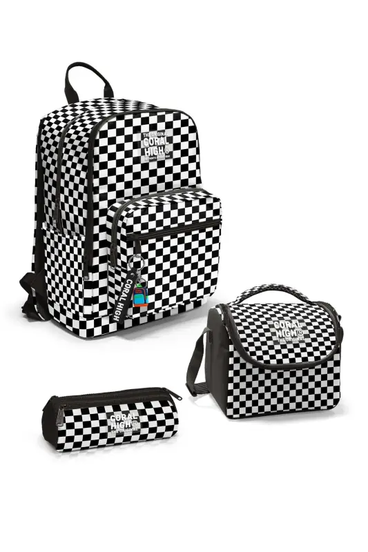 Black and White Checkered 3-Piece School Bag Set - Black White - 1