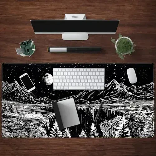 Black and White Desk Mat Dark Nature Forest Mouse pad XXL Starry Night Mountain Desk pad Aesthetic Moon and Stars Mousepad XXL for Laptop Computer Mouse Gaming Keyboard Mat, 31.5 X 15.8 in - 4