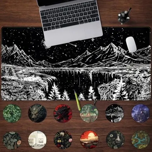 Black and White Desk Mat Dark Nature Forest Mouse pad XXL Starry Night Mountain Desk pad Aesthetic Moon and Stars Mousepad XXL for Laptop Computer Mouse Gaming Keyboard Mat, 31.5 X 15.8 in - 2
