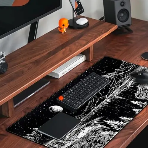 Black and White Desk Mat Dark Nature Forest Mouse pad XXL Starry Night Mountain Desk pad Aesthetic Moon and Stars Mousepad XXL for Laptop Computer Mouse Gaming Keyboard Mat, 31.5 X 15.8 in - 5