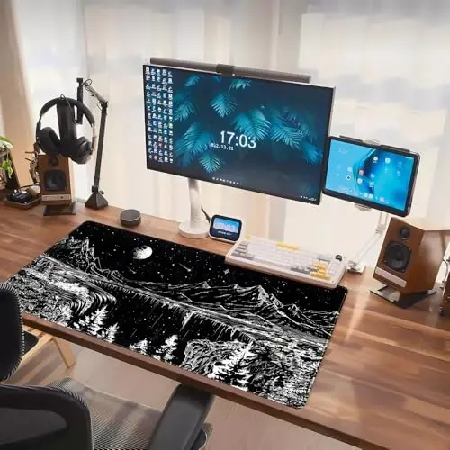 Black and White Desk Mat Dark Nature Forest Mouse pad XXL Starry Night Mountain Desk pad Aesthetic Moon and Stars Mousepad XXL for Laptop Computer Mouse Gaming Keyboard Mat, 31.5 X 15.8 in - 7
