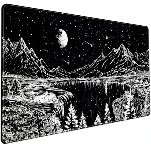 Black and White Desk Mat Dark Nature Forest sichqonchasi XXL Starry Night Tog ' Stol yostig'i Estetik Oy va Yulduzlar sichqonchasi XXL noutbuk kompyuter sichqonchasi o'yin klaviatura Mat, 31.5 X 15.8 ichida - 1