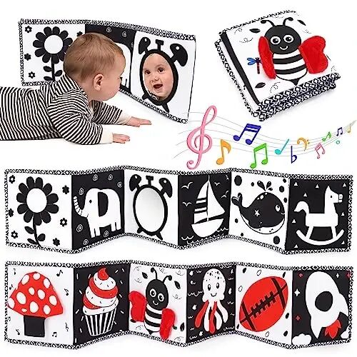 Black and White High Contrast Toys for Baby 0-3 3-6 months Infant Tummy Time Soft Book Sensory Musical Toy 0-2-4-6 month Babies Brain Development Crinkle Book Mirror Newborn Shower Gifts Boys Girls - Black
