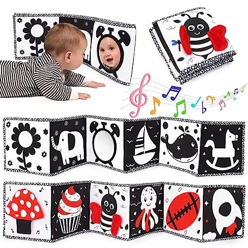 Black and White High Contrast Toys for Baby 0-3 3-6 months Infant Tummy Time Soft Book Sensory Musical Toy 0-2-4-6 month Babies Brain Development Crinkle Book Mirror Newborn Shower Gifts Boys Girls - 1