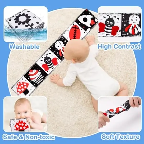 Black and White High Contrast Toys for Baby 0-3 3-6 months Infant Tummy Time Soft Book Sensory Musical Toy 0-2-4-6 month Babies Brain Development Crinkle Book Mirror Newborn Shower Gifts Boys Girls - 3