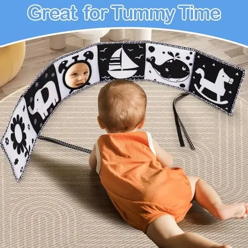 Black and White High Contrast Toys for Baby 0-3 3-6 months Infant Tummy Time Soft Book Sensory Musical Toy 0-2-4-6 month Babies Brain Development Crinkle Book Mirror Newborn Shower Gifts Boys Girls - 4