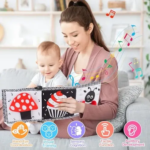 Black and White High Contrast Toys for Baby 0-3 3-6 months Infant Tummy Time Soft Book Sensory Musical Toy 0-2-4-6 month Babies Brain Development Crinkle Book Mirror Newborn Shower Gifts Boys Girls - 5
