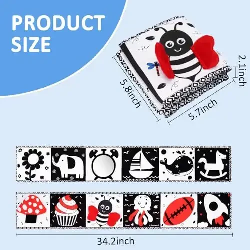 Black and White High Contrast Toys for Baby 0-3 3-6 months Infant Tummy Time Soft Book Sensory Musical Toy 0-2-4-6 month Babies Brain Development Montessori Crinkle Book Mirror Newborn Shower Gifts - 1