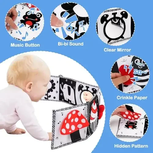 Black and White High Contrast Toys for Baby 0-3 3-6 months Infant Tummy Time Soft Book Sensory Musical Toy 0-2-4-6 month Babies Brain Development Montessori Crinkle Book Mirror Newborn Shower Gifts - 3