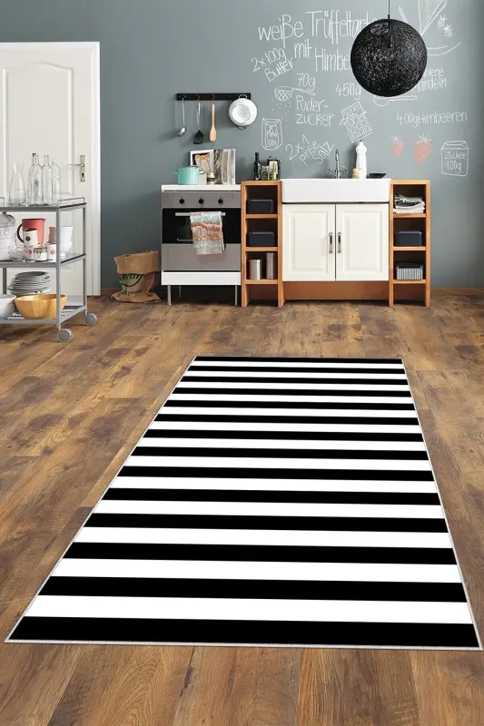 Black and White Striped Washable Non-Slip Stain-Resistant Modern Living Room Rug and Runner - LINA