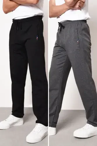 Black-Anthracite Men's Zipper Pocket Embroidery Detailed Straight Leg Relaxed Fit 2-Piece Sweatpants Set-Black - 1