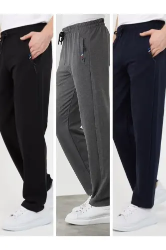 Black-Anthracite-Navy Blue Men's 3-Piece Tracksuit Bottoms Zipper Pocket Embroidered Detail Straight Leg Regular Fit-Black - 1