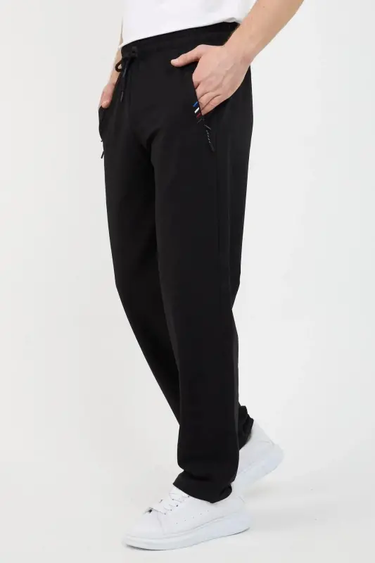 Black-Anthracite-Navy Blue Men's 3-Piece Tracksuit Bottoms Zipper Pocket Embroidered Detail Straight Leg Regular Fit-Black - 2
